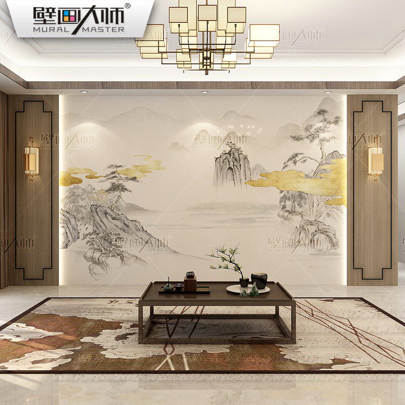热销新中式大气山水壁画电视背景墙纸轻奢客厅沙发影视墙壁纸墙布