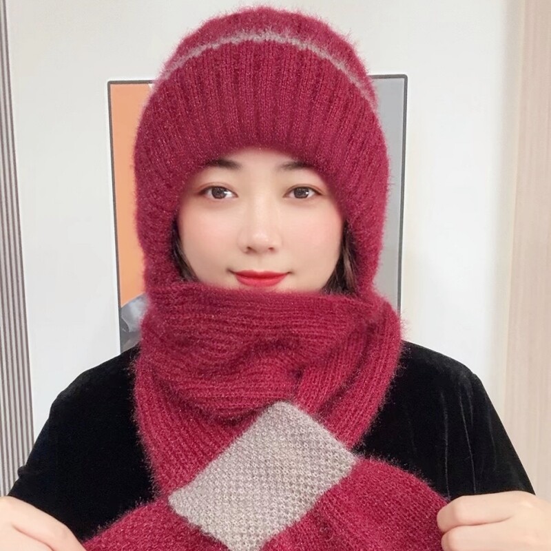 秋冬毛线帽加绒加厚围巾一体女士冬季松鼠绒毛线编织连体网红帽女