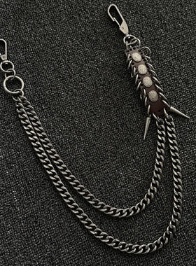 SFSN原创复古花纹皮拼接古巴双链cleanfit金属质感嘻哈腰间挂件