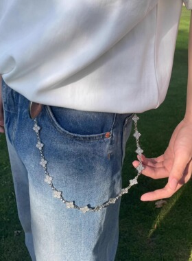 SFSN原创设计「纯手工现货」闪银宽四叶草cleanfit银宝石裤链配饰