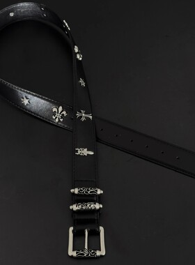 SFSN复古镂空滚轮CH风雕花皮带中古羊皮腰带vibe风十字花钛钢卷轴