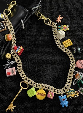 SFSN多巴胺系列金色镶钻古巴裤链明星同款秀场配饰质感穿搭单品