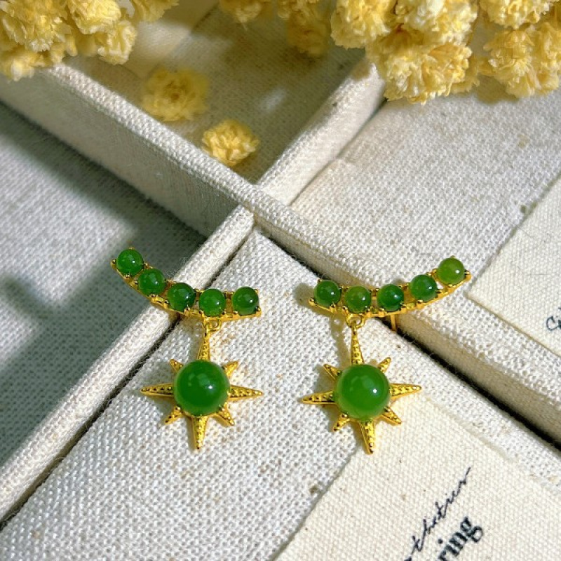 S925纯银六芒星碧玉耳钉女款时尚百搭耳饰简约气质高级感星星耳环