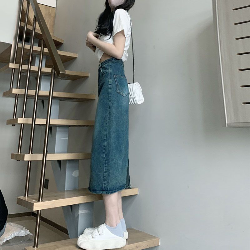 半身长裙女复古蓝色高腰