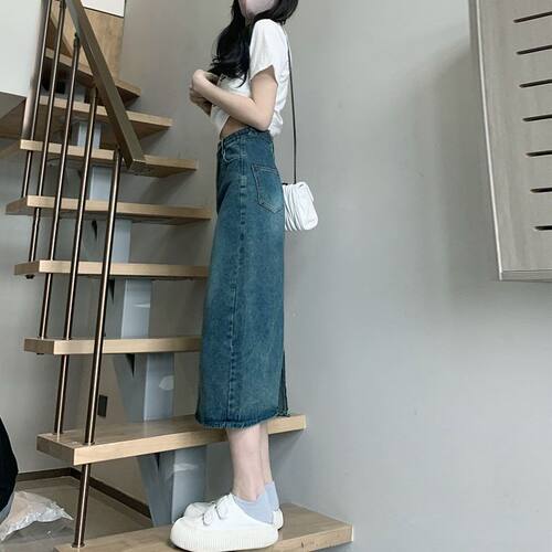 半身长裙女复古蓝色高腰