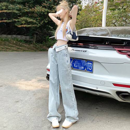设计感翻腰阔腿牛仔裤女2