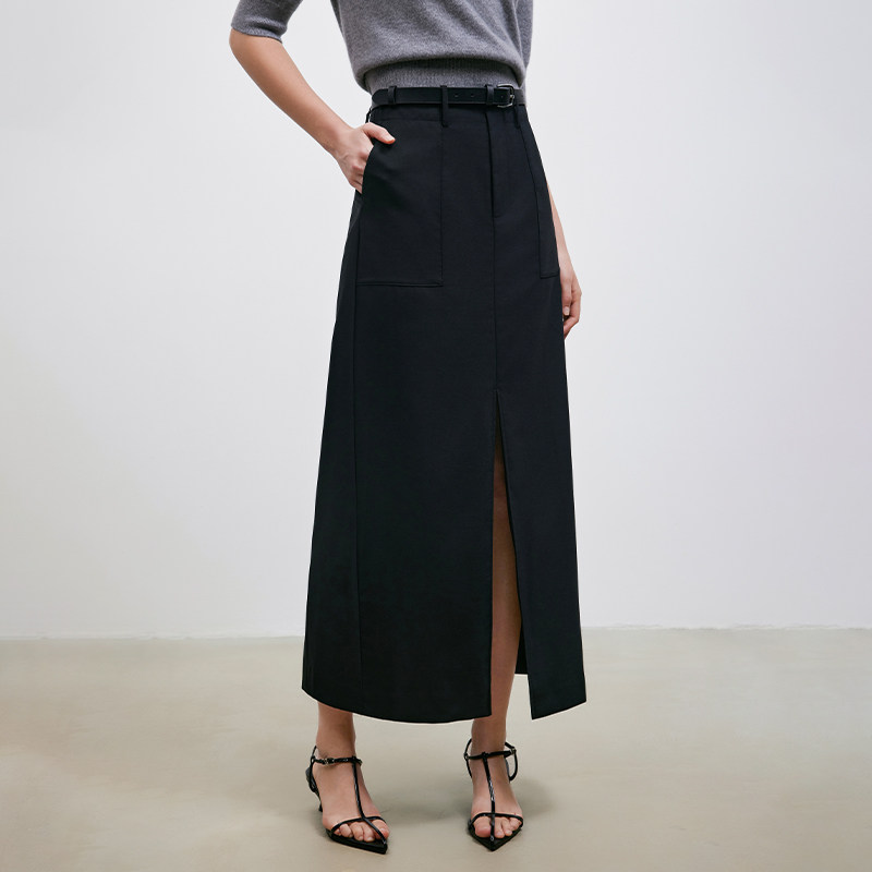 MISS BUCCI 春夏女士羊毛混纺气质前开衩西装高腰半身裙(配腰带)