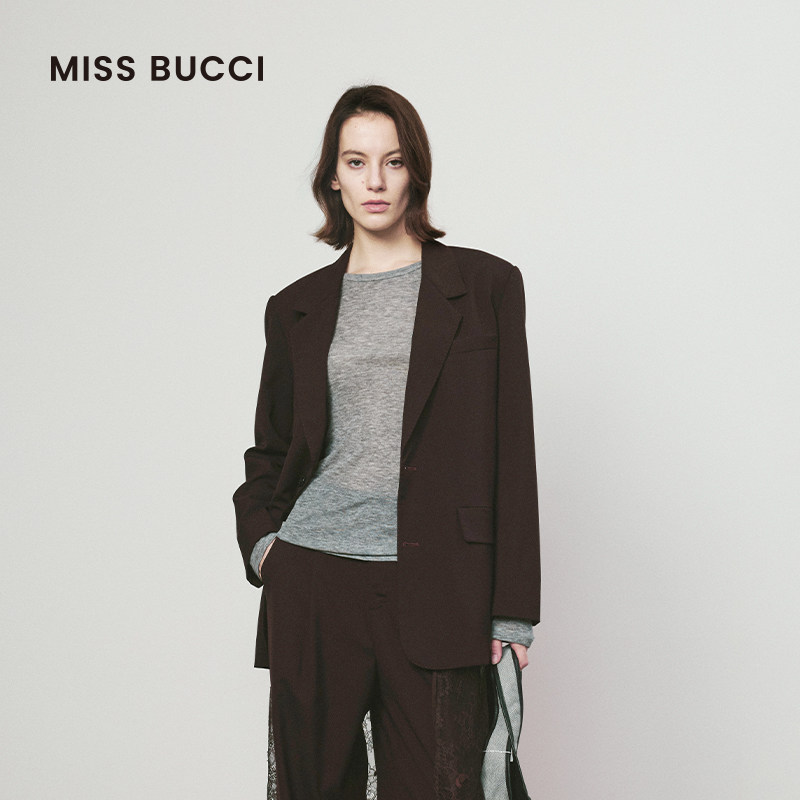 MISS BUCCI 秋冬款女士高级优雅巧咖色拼接蕾丝搭片商务西装外套