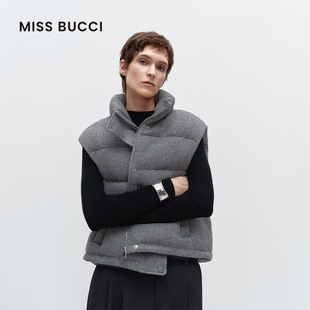 MISS BUCCI秋冬女士宽松立领感珠片纱羊毛混纺鹅绒短款马甲羽绒服