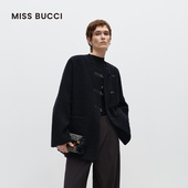 MISS BUCCI 秋冬女士优雅高级羊驼毛混纺皮扣宽松圆领毛呢外套女