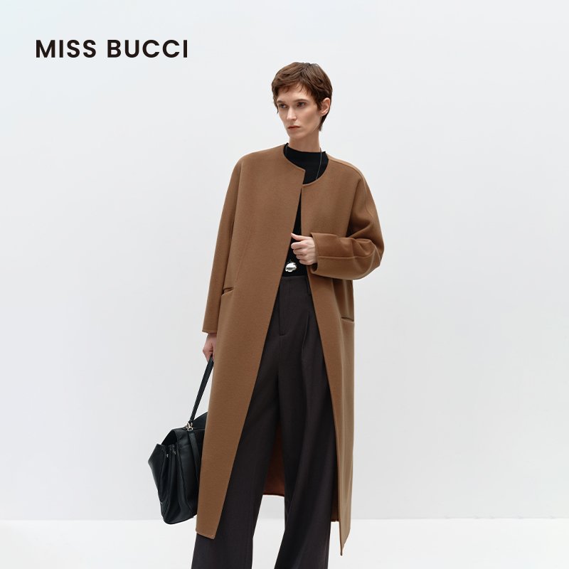 MISS BUCCI圆领中长款山羊绒大衣女披风外套