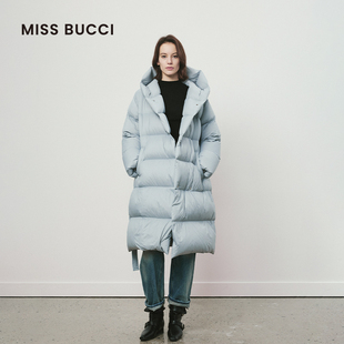 MISS BUCCI 秋冬款时尚保暖银灰蓝超轻鹅绒长款羽绒服女(配腰带)