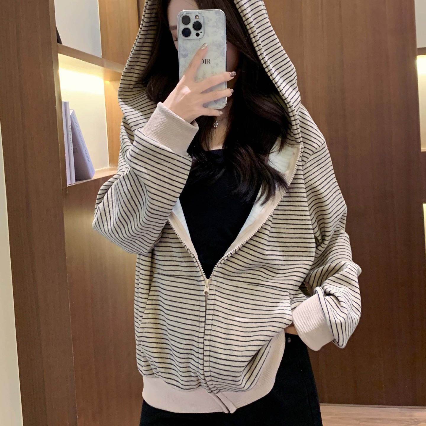 慵懒风连帽条纹卫衣女拉链开衫