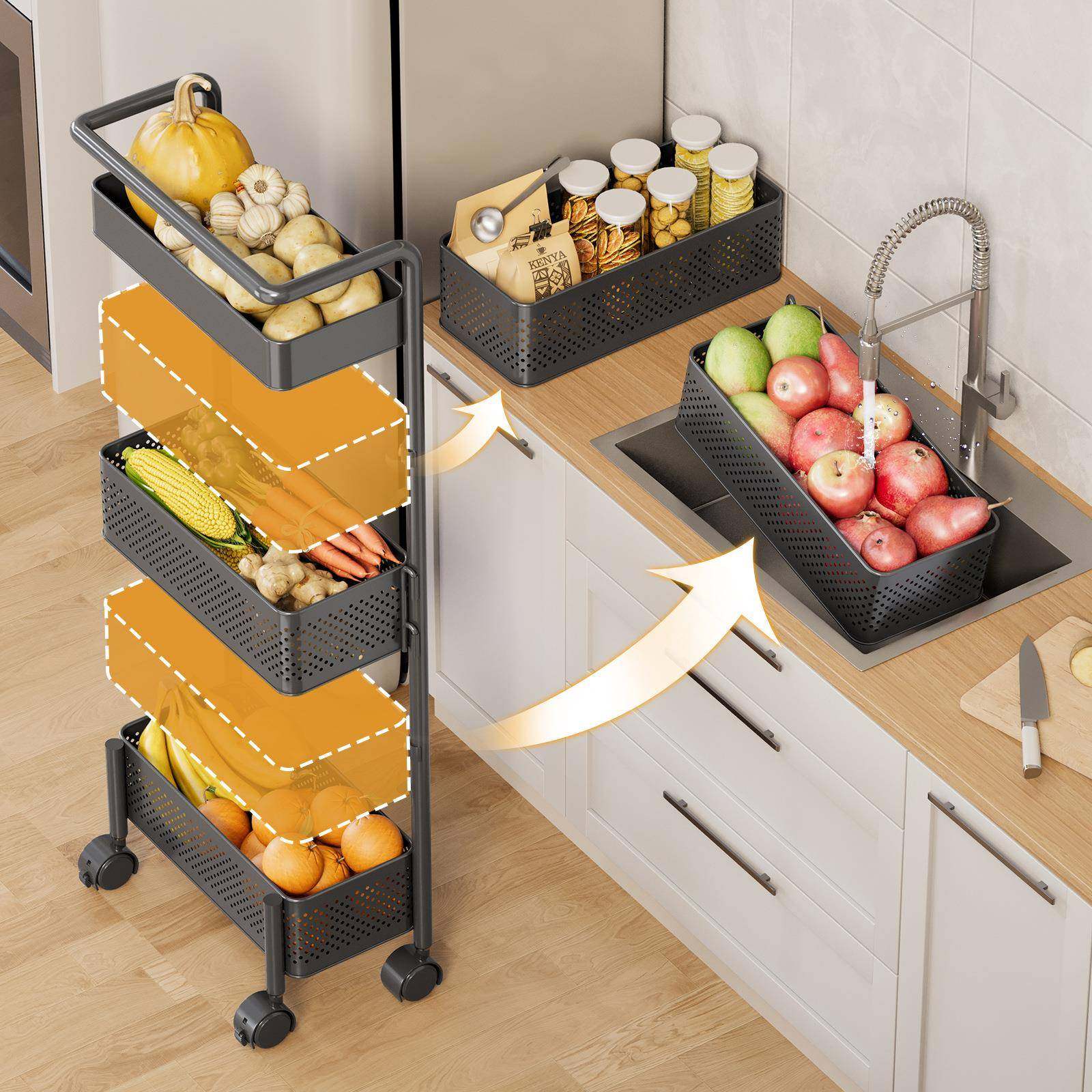 夹缝小20246316推免安装多用途现代简约落用旋转置物架多层车菜篮