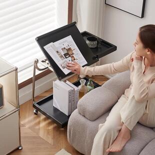 中古风茶几挡推24741可调节实木桌板锈钢支架带滚轮可不移动边几