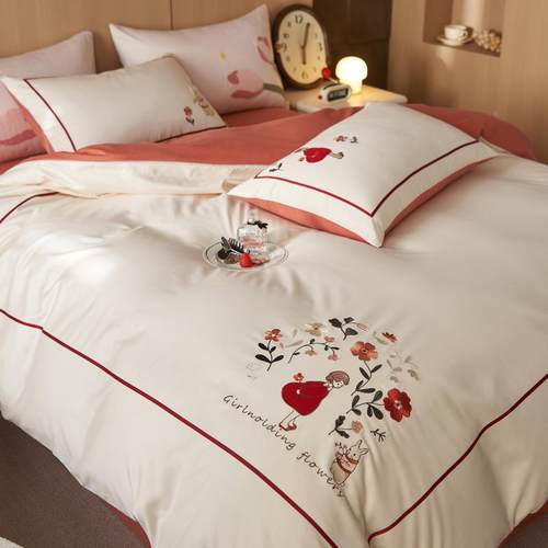 小清新四纯棉00S长绒棉全件棉磨毛PZ15贴布绣套少女被套床单卡通1