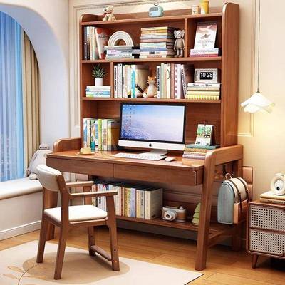 可升写字电脑桌实木书家42058学降用卧室儿童习桌子带书架一体桌