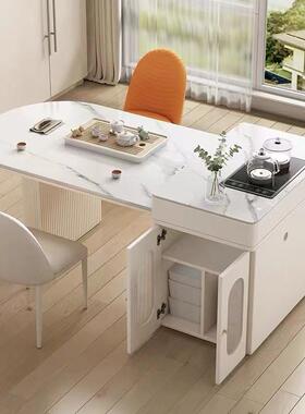 油岛台餐17177桌一体户型家用可缩轻奢岩板茶桌小法式奶风餐桌椅