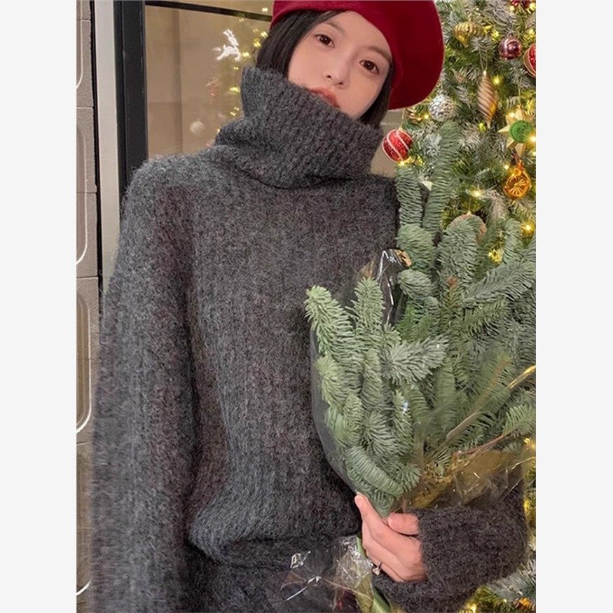 采购产品温柔慵懒的女士高领针织衫，马海毛套头衫，韩式上衣，冬