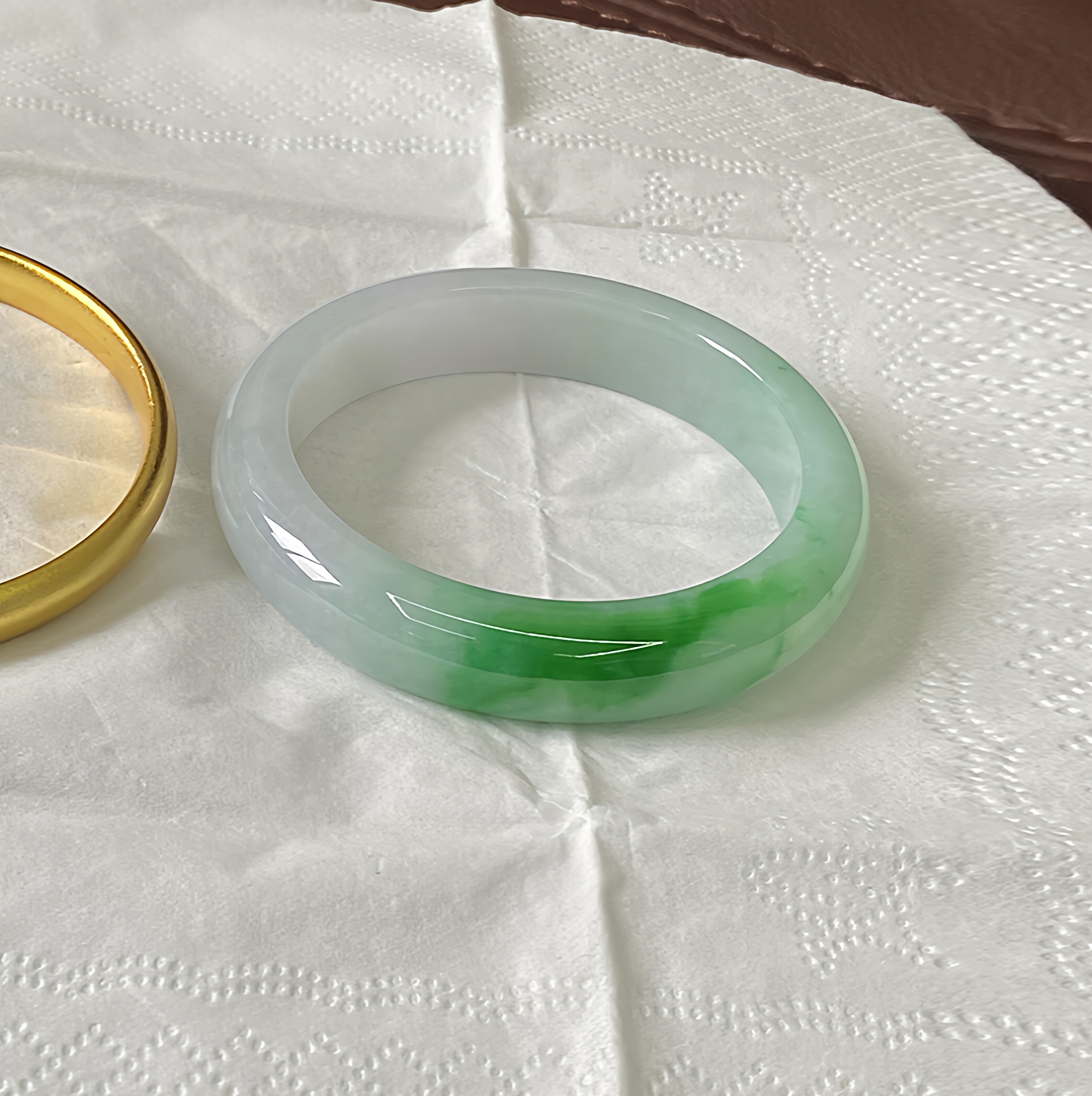 仟喜梵“思若当年”高端缅甸翡翠玉手镯子女款白底青飘花正品处理