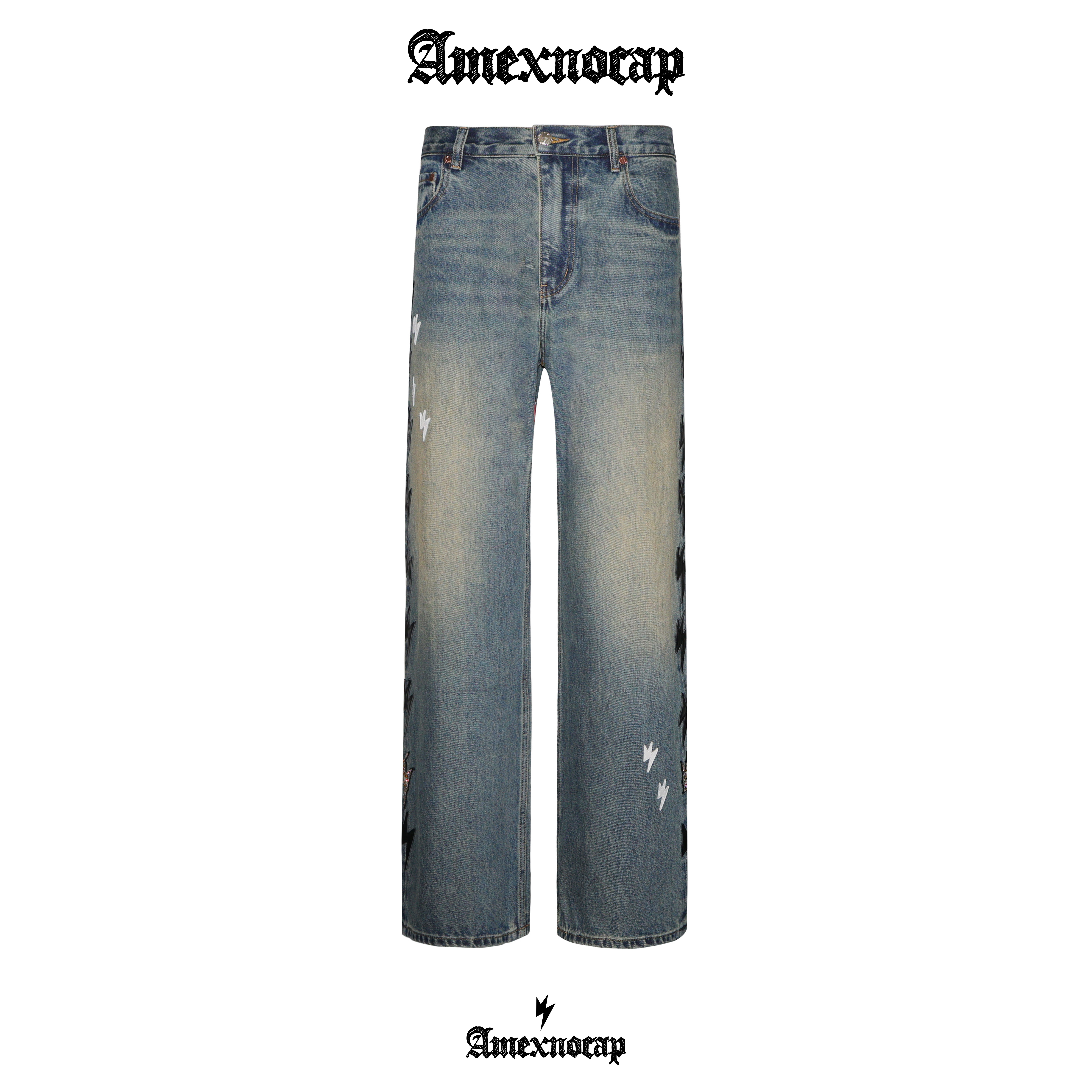 【法绣限定】Amexnocap闪电牛侧边缝皮牛仔裤轻奢美式男女同款