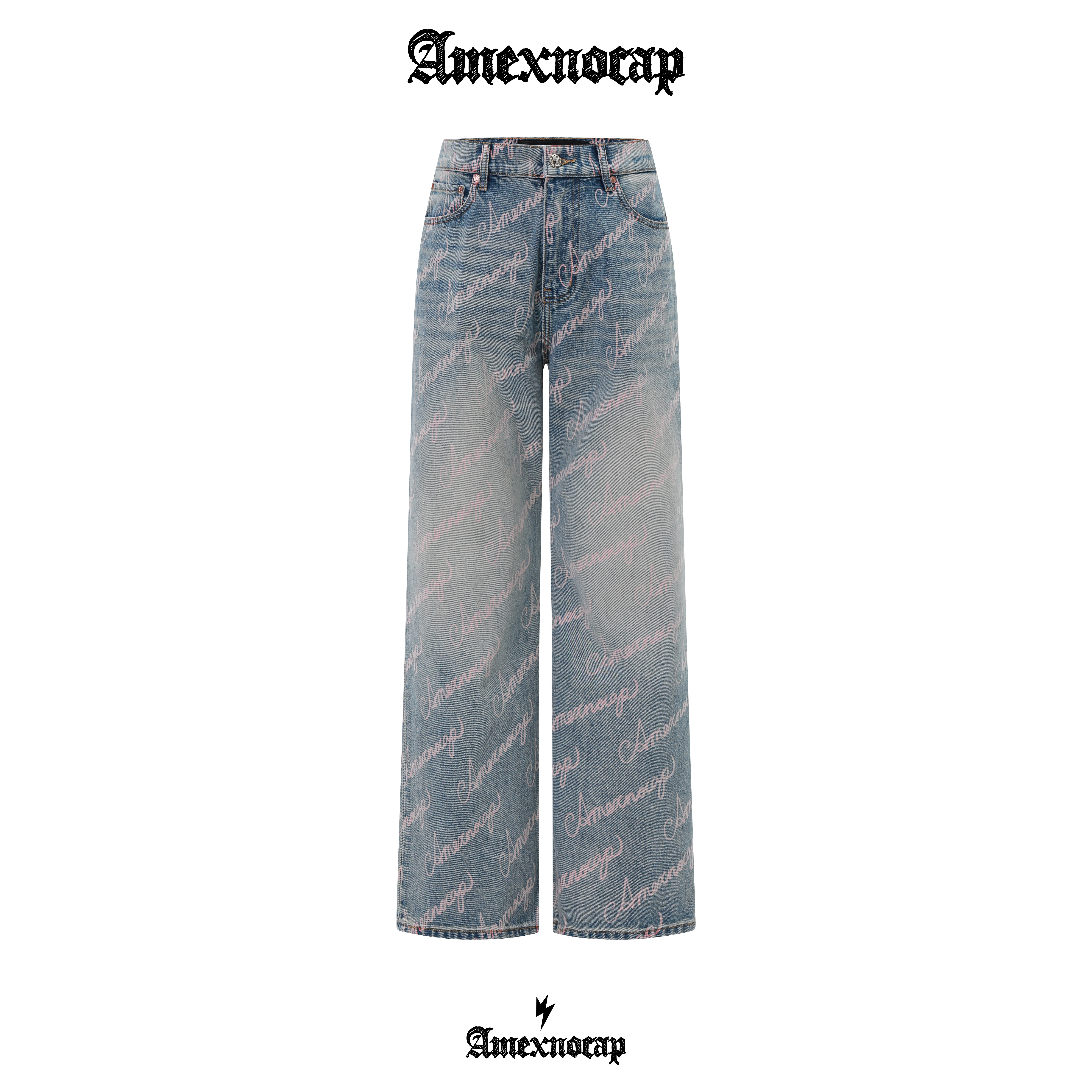 Amexnocap闪电牛logo环绕满印牛仔裤轻奢高级休闲时尚男女同款