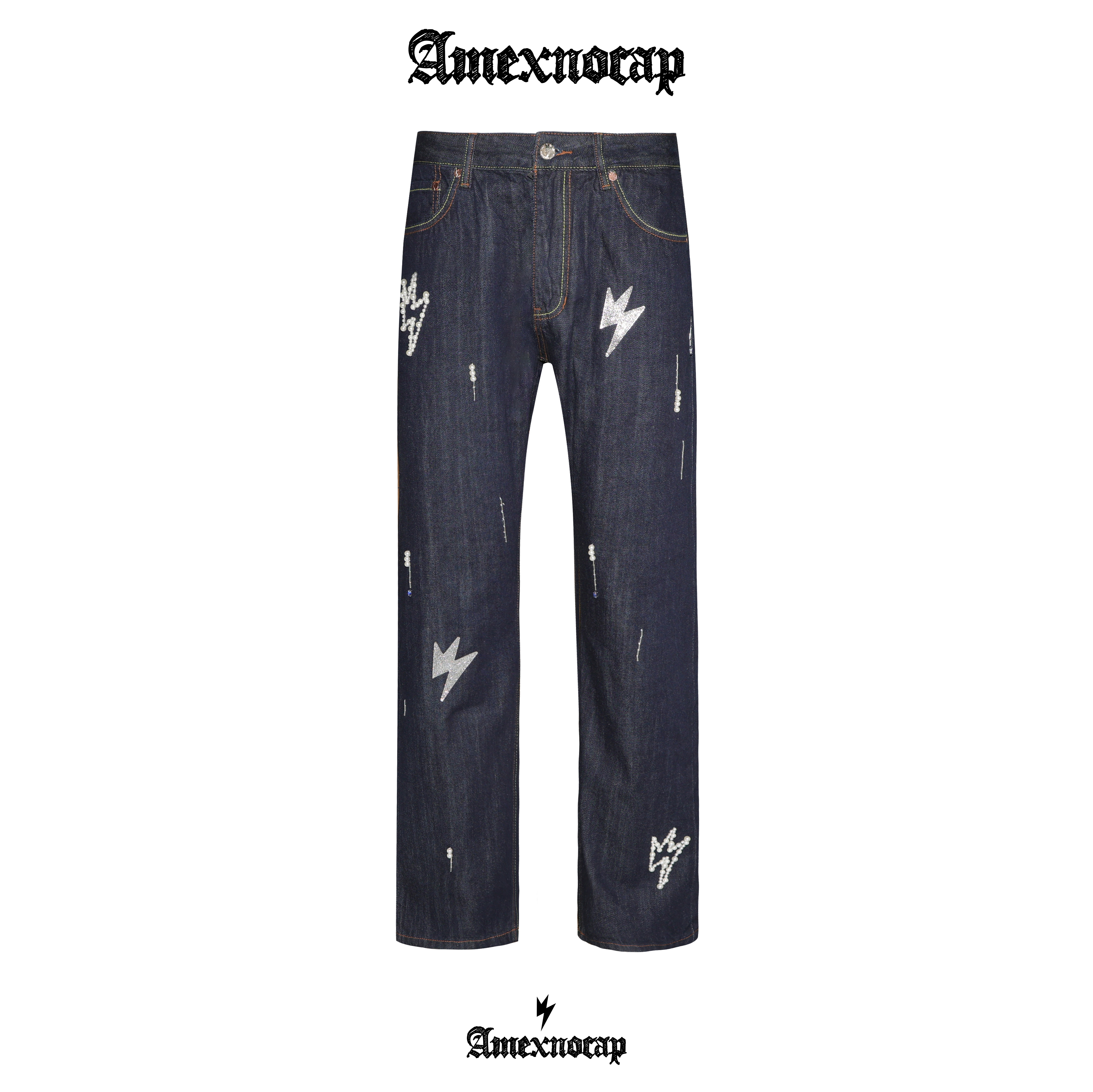 Amexnocap闪电牛仔裤缀闪轻奢高级美式男女同款