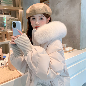 白鸭绒 2023冬季新款韩版羽绒服女 中长款宽松大码显瘦大毛领外套