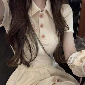 抖音质量 新氧棉 制服女纯欲风辣妹蝴蝶结polo领上衣短裙两件套装