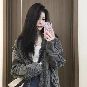 韩系宽松百搭灰色针织毛衣开衫外套女2023秋季设计感软糯休闲上衣