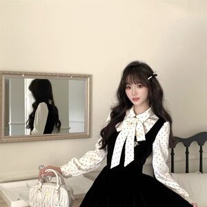 越韩小鱼 丝绒黑巧 法式连衣裙富家千金高级感秋季波点假两件裙子