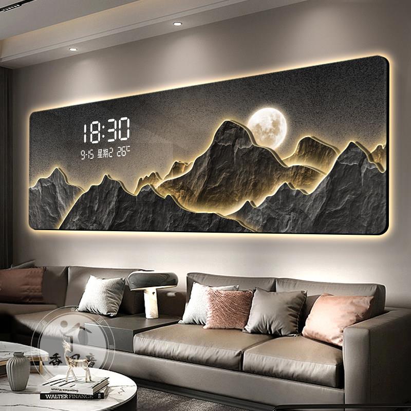高级感客厅沙发背景墙电子钟表挂画客厅装饰画背有靠山led灯壁画