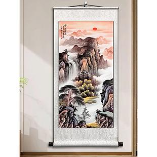竖版泰山日出东方玄关山水卷轴挂画背景画客厅旭日东升背后靠山图