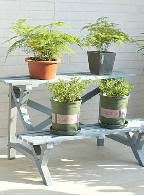 阶梯式二层复古蓝色实木花架阳台庭院户外防水防腐落地式花盆木架