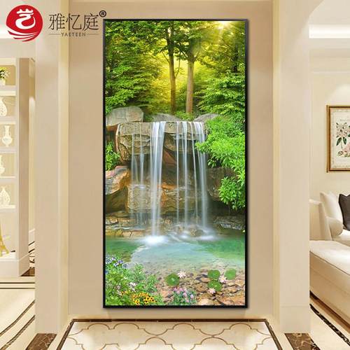 入户玄关装饰画灯画竖版走廊过道挂画流水生财山水风景画靠山壁画