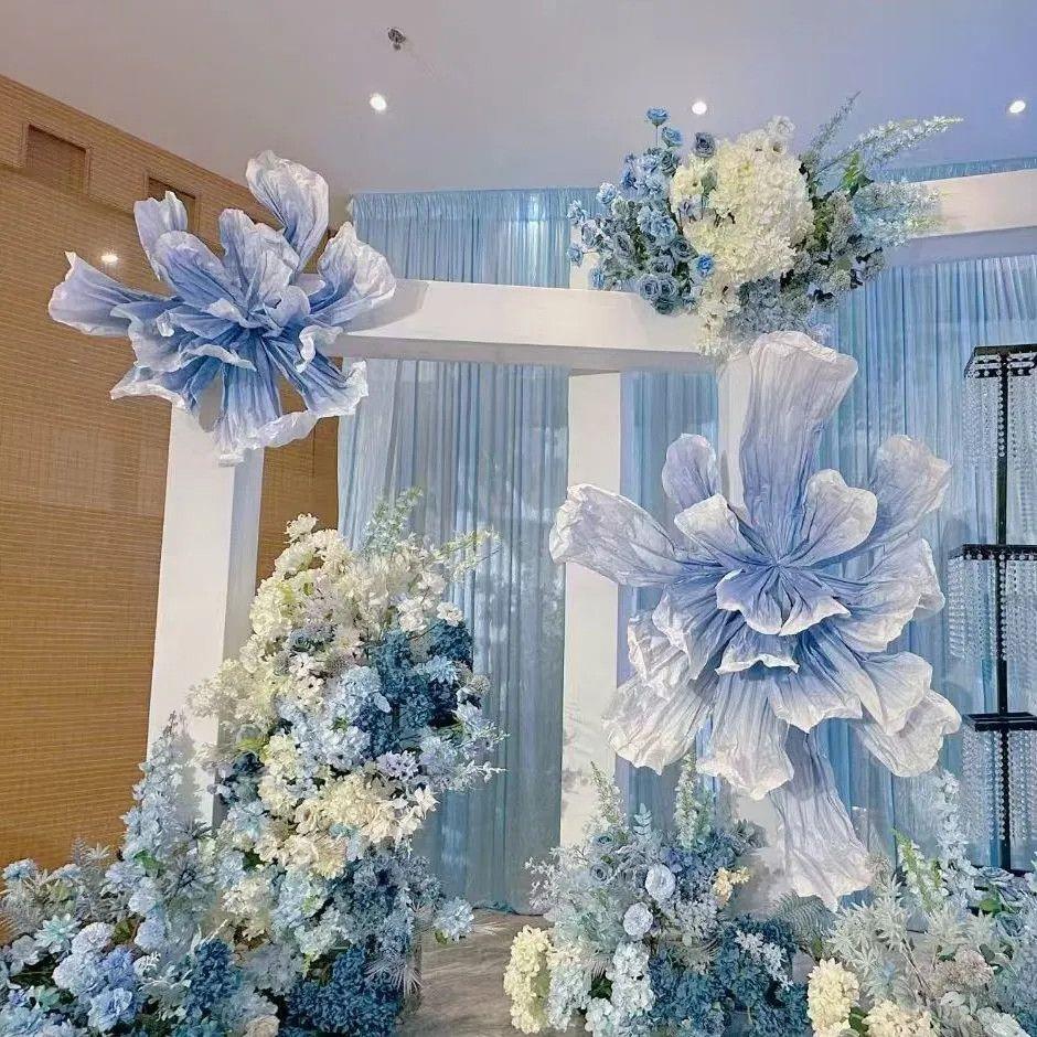 大型婚礼纸艺花手工背景褶皱装饰美塑花巨型蓝色纸花婚庆花艺成品