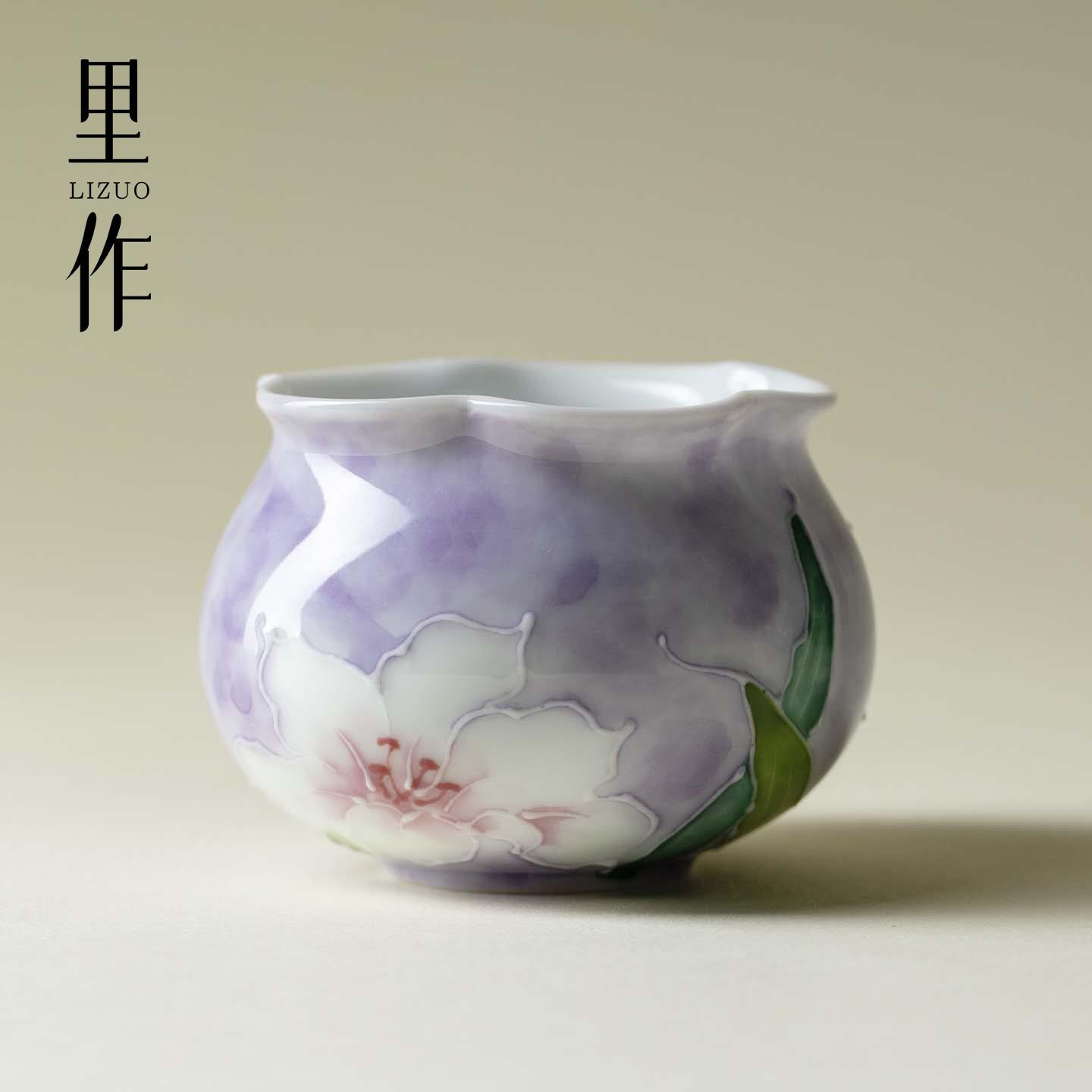 里作景德镇手绘百合花口茶杯高端家用功夫茶具品茗杯精致女士茶杯