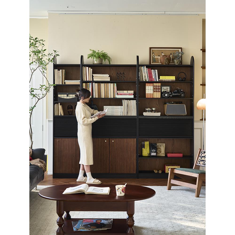 法式覆古实木书柜小户型客厅整墙自由组合书架杂志柜家用落地柜架