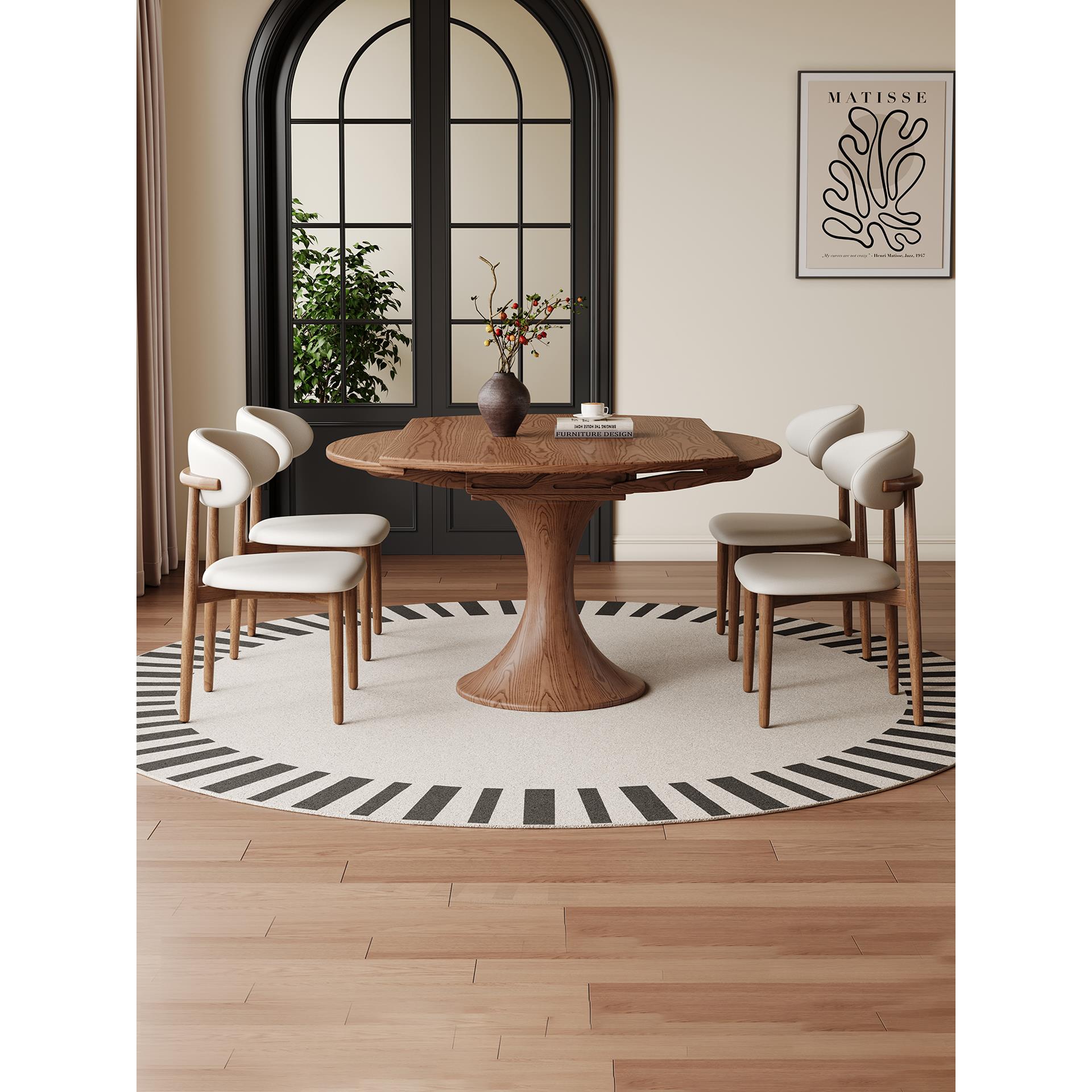 中古风折叠餐桌圆桌子白蜡木家用小户型法式覆古全实木伸缩餐桌椅