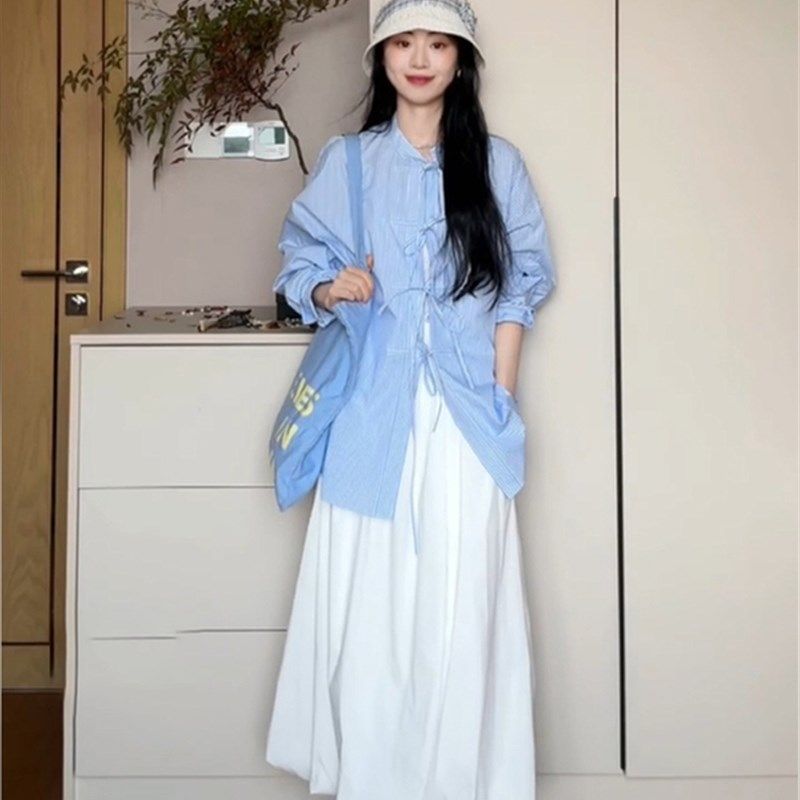 XZY/欣争艳 胖mm简约新中式条纹衬衫上衣女夏宽松显瘦半身裙套装