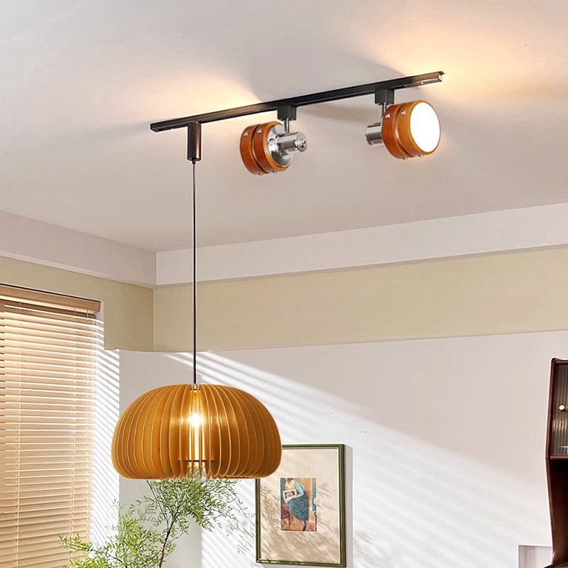 侘寂中古风可移位导轨道餐厅射灯北欧复古岛吧台服装店胡桃木吊灯