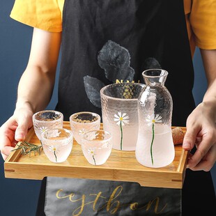 日式 手绘小雏菊玻璃酒具套装 清酒壶温酒器分酒器家用一两白酒杯子