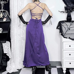 wannathis 紫色缎面生日礼服裙连衣裙欧美吊带裙御姐长裙性感裙子