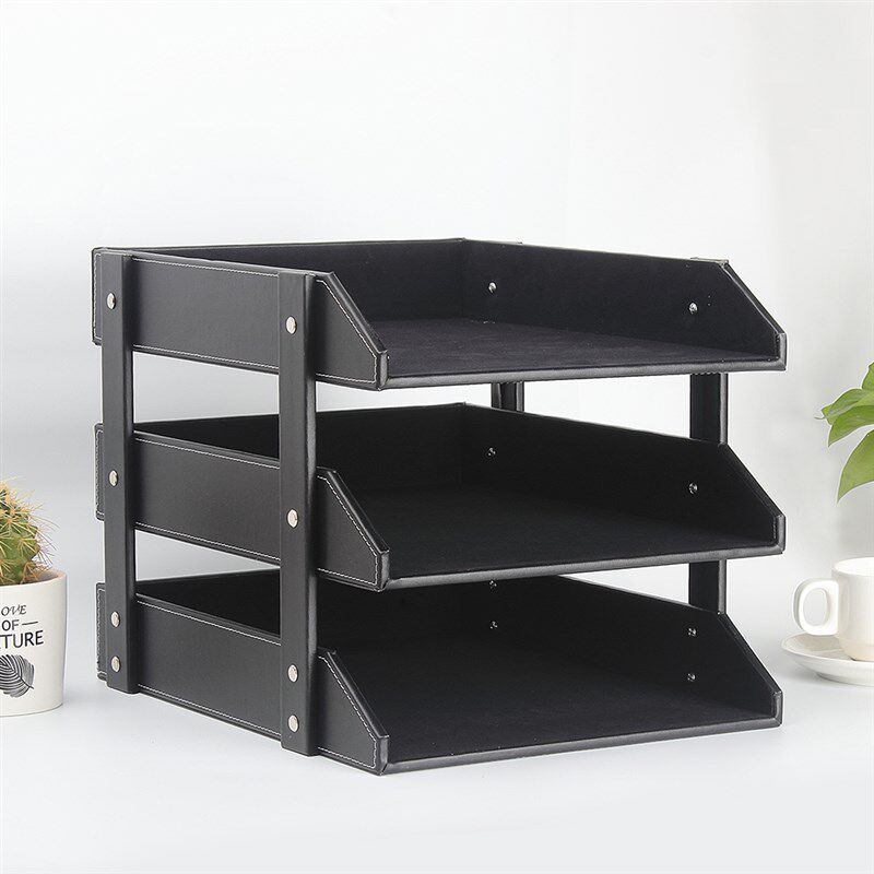 皮质三层文件架文件栏桌面收纳整理文件盘商务资料架办公用品定制