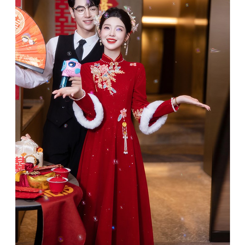 冬季敬酒服新娘加绒2025新款中式旗袍红色结婚礼服裙女高级感长袖
