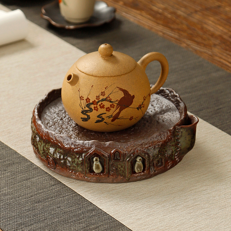 复古柴烧壶承干泡台茶盘蓄水茶台粗陶窑变家用茶壶托盘茶具配件大