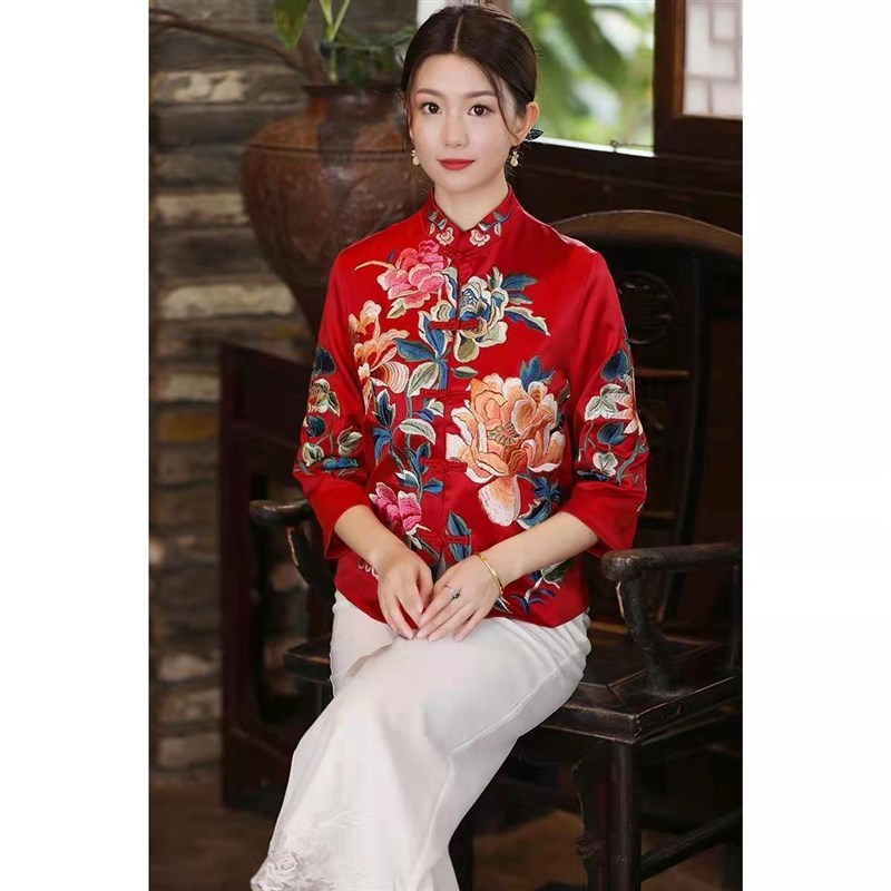 中式绣花上衣女短款复古小外套唐装女冬装中国风时尚旗袍民族服装