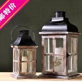 乡村烛台摆件木质loft做旧风灯防风蜡烛台家居用品装 美式 饰 包邮