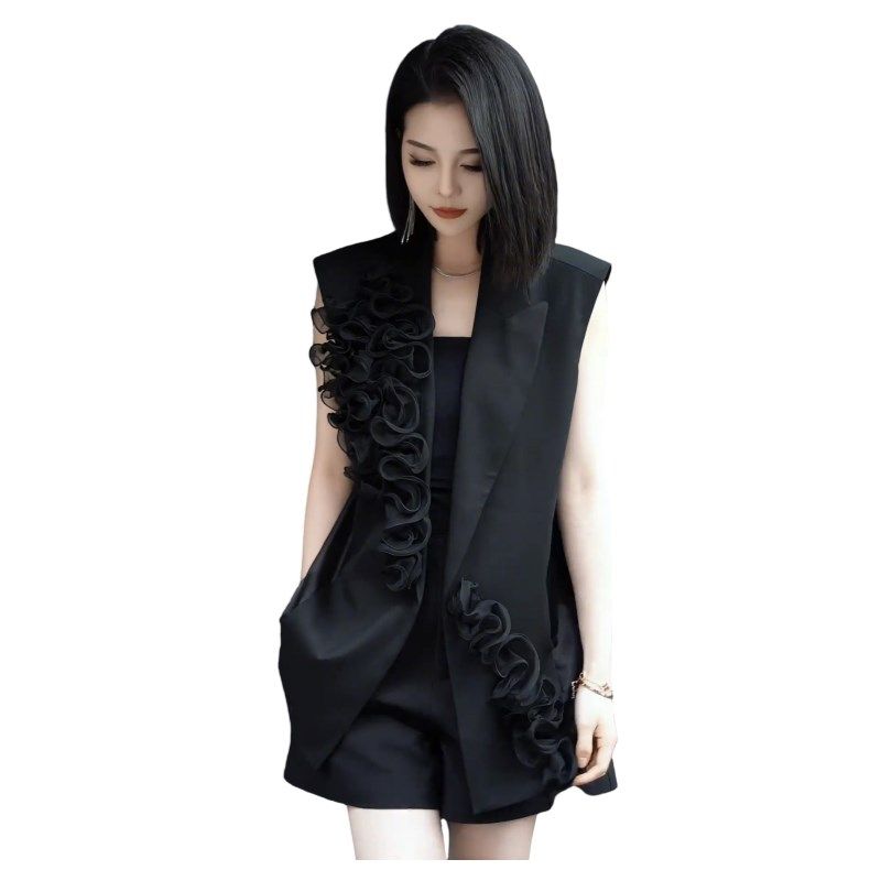 2025春季新款气质高级设计感立体花朵黑色西装马甲短裤三件套装女,女装/女士精品,时尚套装,淘宝优惠券,粉丝福利购,淘宝优惠卷
