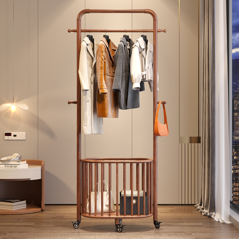 实木衣帽架移动挂衣架落地卧室收纳脏衣篓家用房间简约衣服置物架